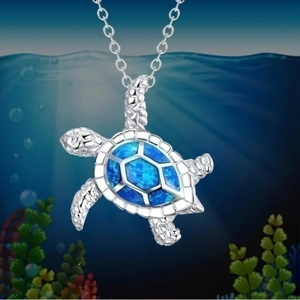 Blue Mother Of Pearl Sea Turtle Necklace